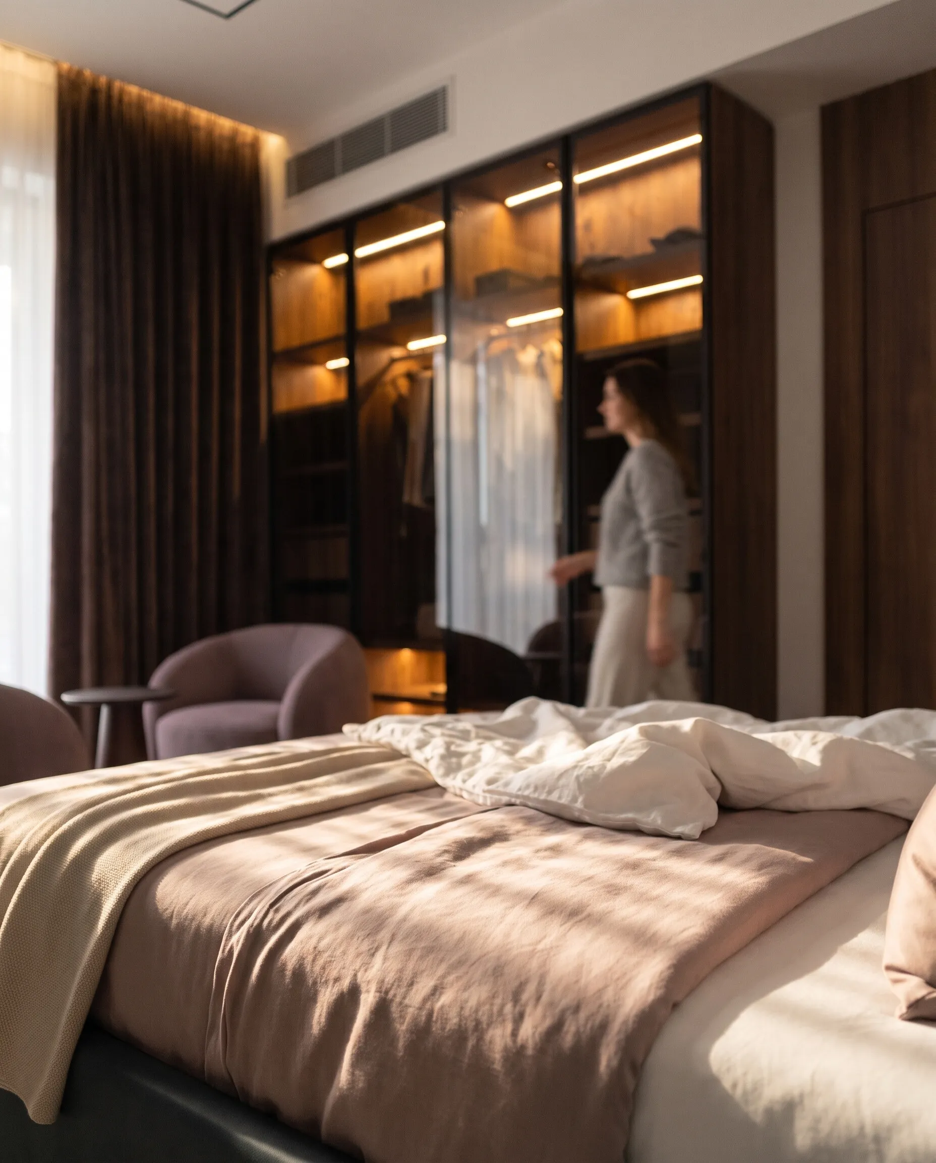 Bedroom in the morning: linen in the sun, the lit wardrobe behind
