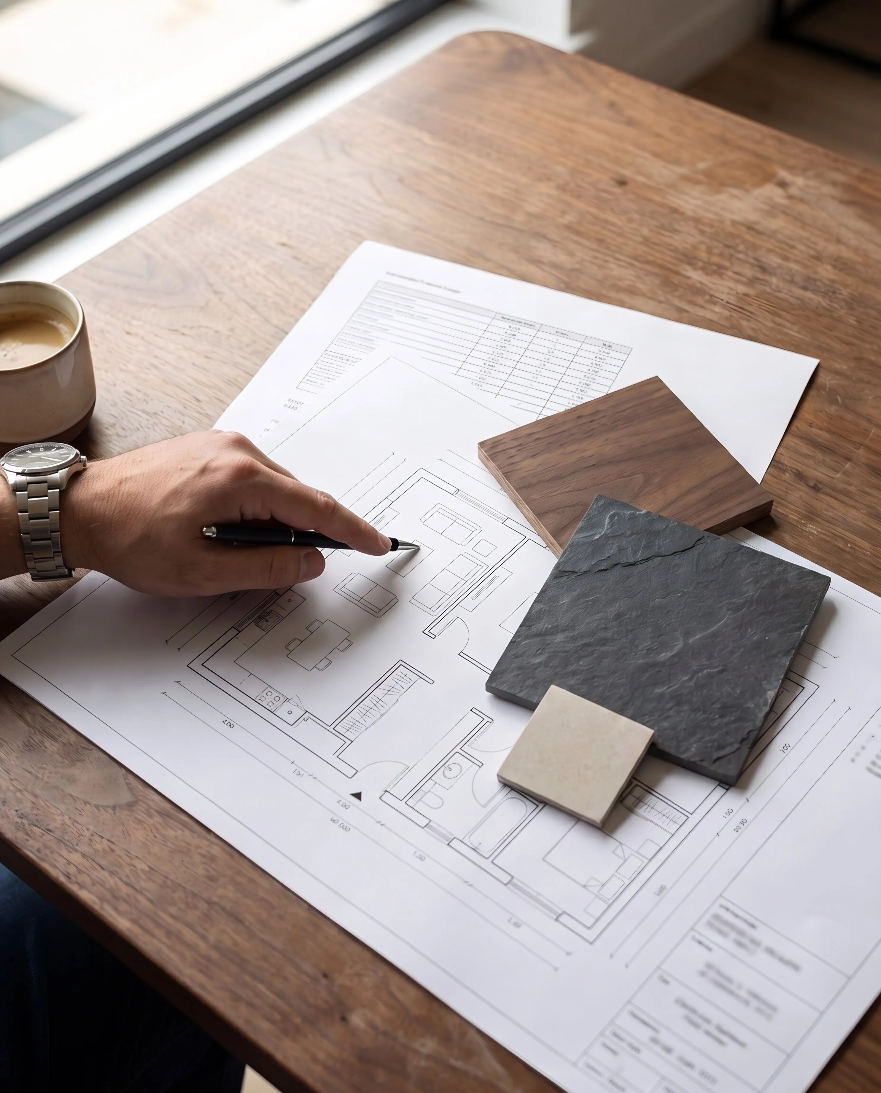 Apartment plan, quote and material samples on the table