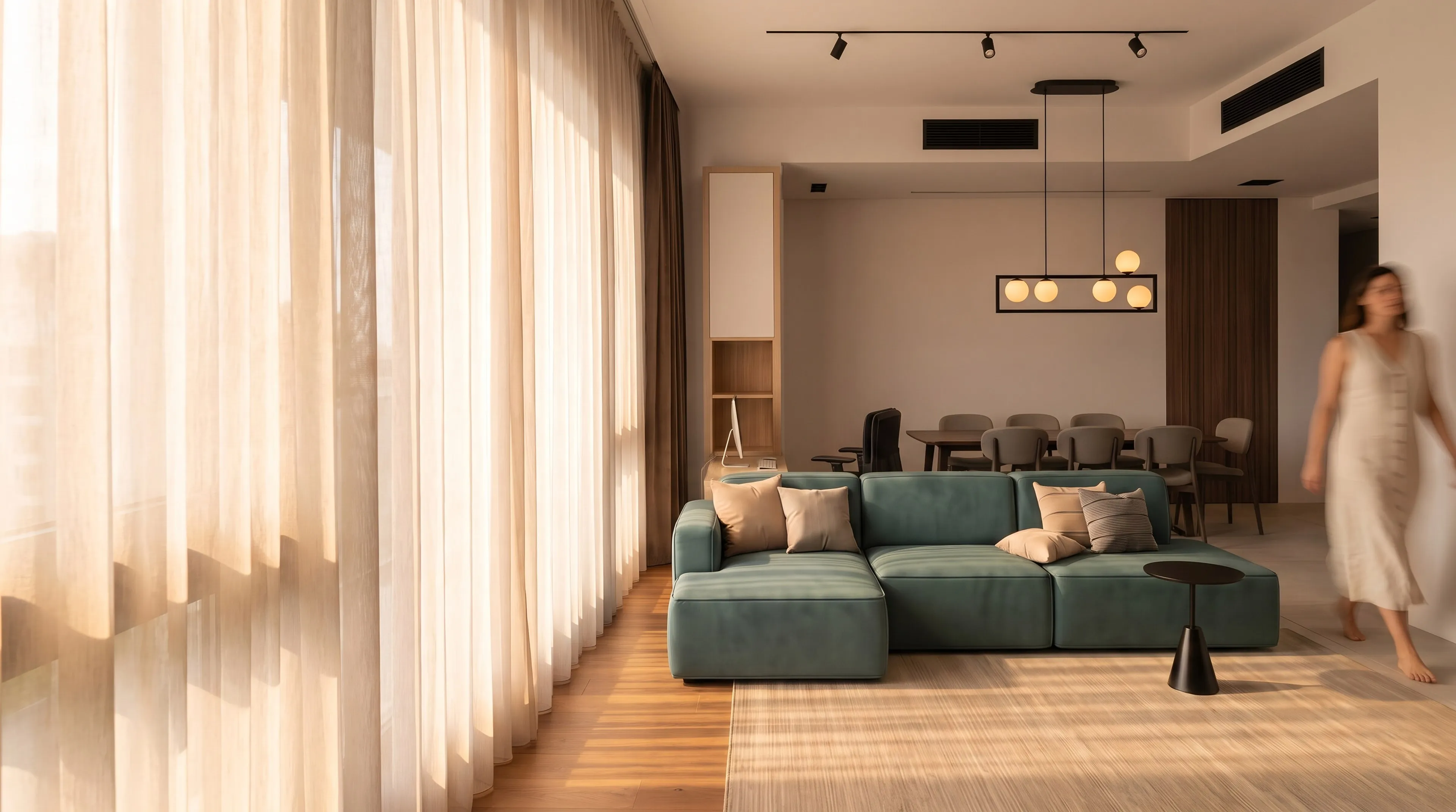Living room on a sunny day: teal sofa, sheer curtains and the dining area