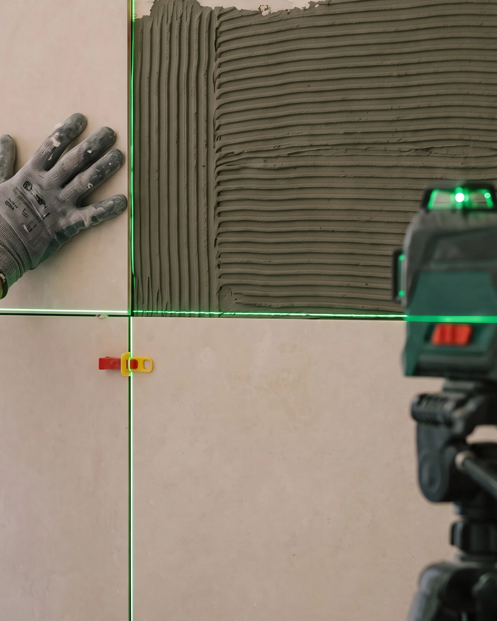 Tiling: the laser level line runs exactly along the joint
