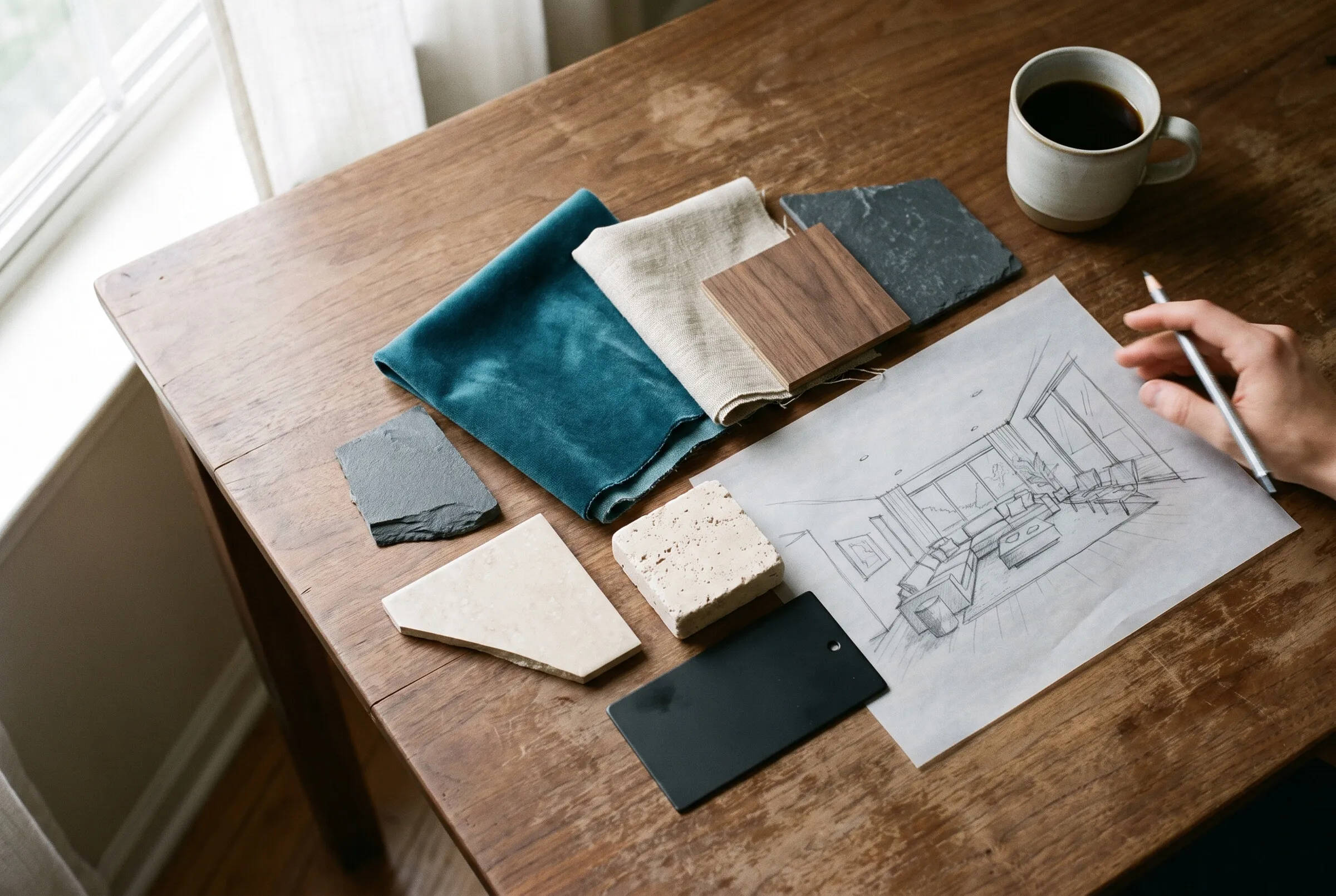 Interior design: fabric, veneer and stone samples with a living-room sketch