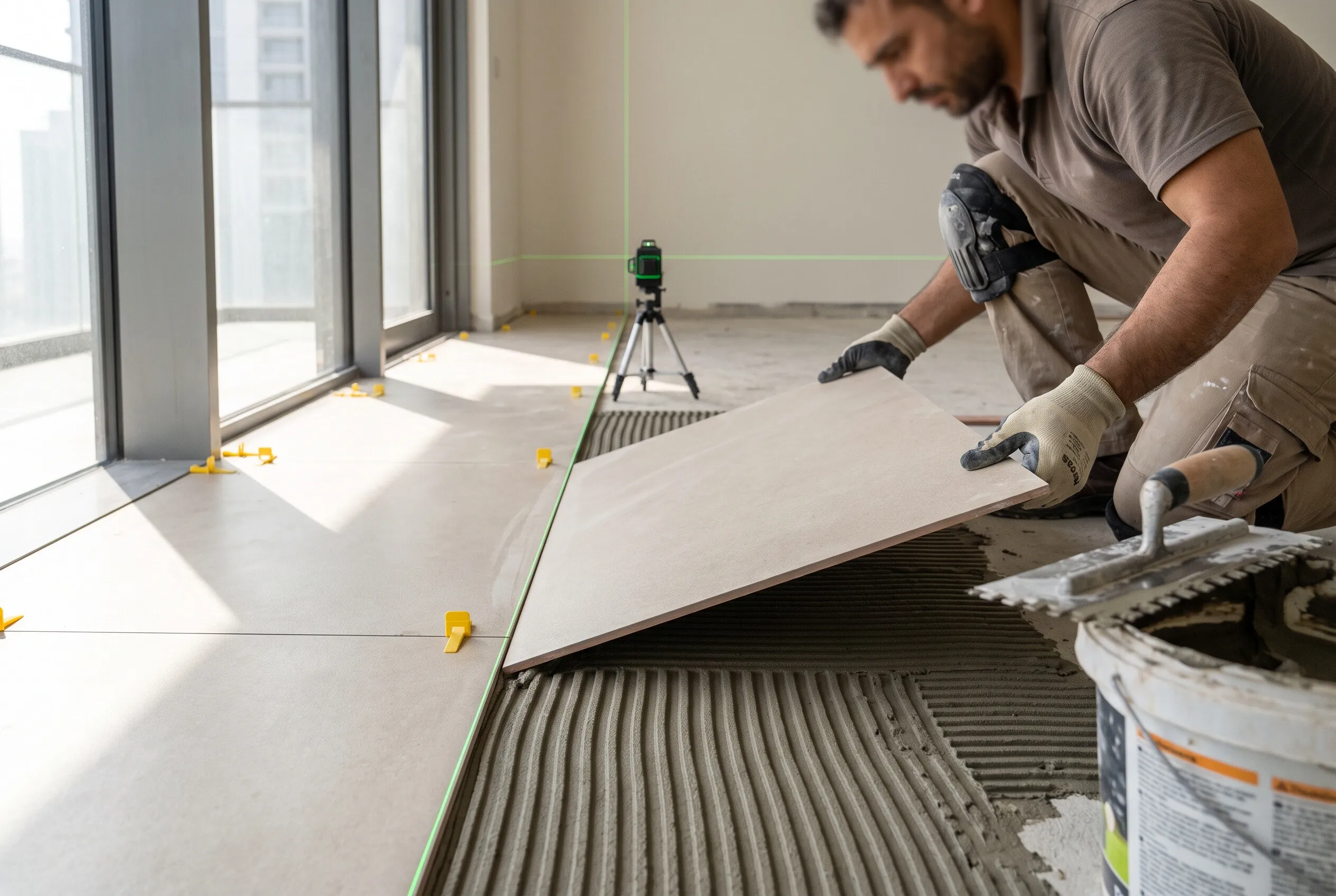 A tiler setting large-format tiles to a laser level