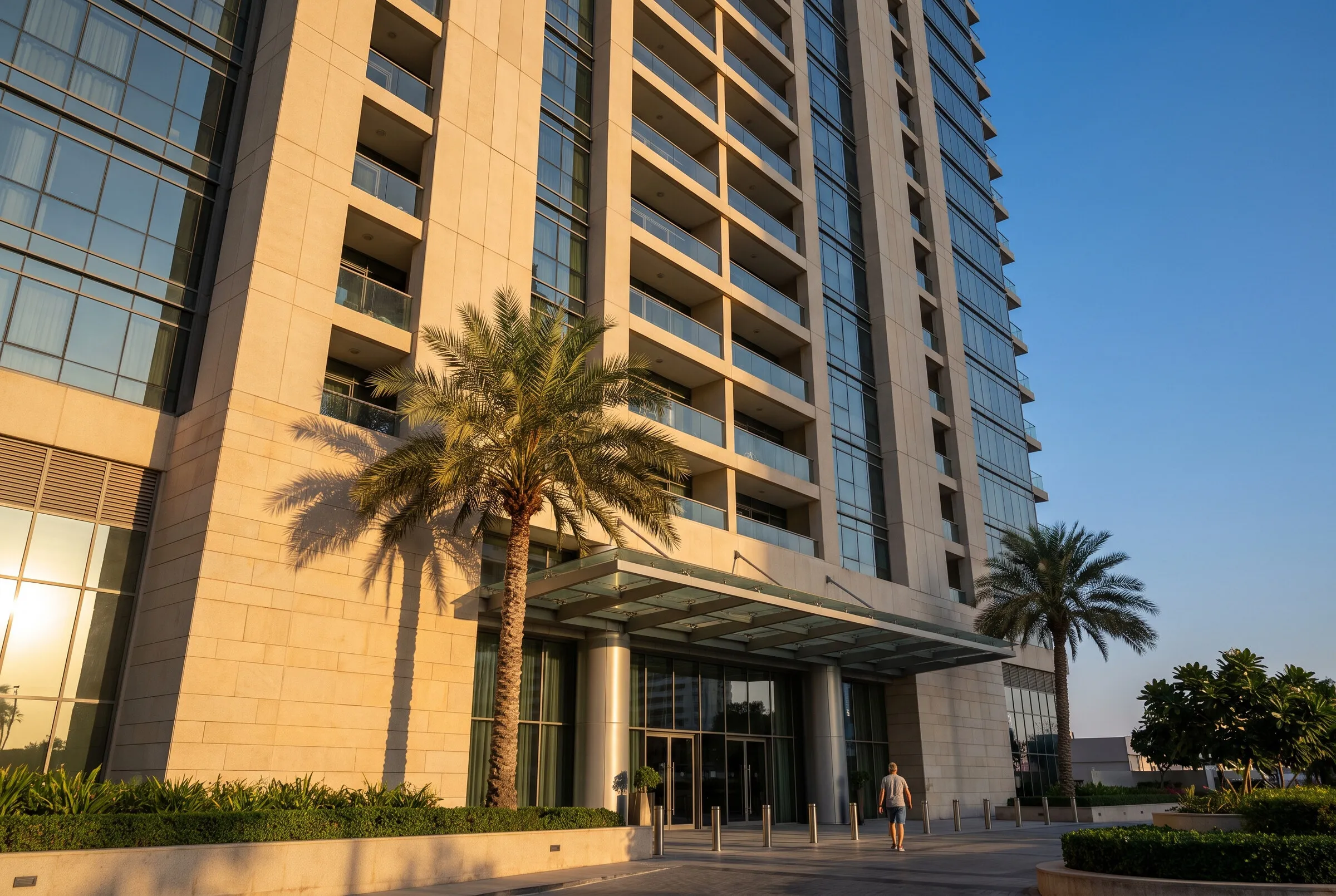 Residential tower in Dubai Marina: canopy entrance and palms